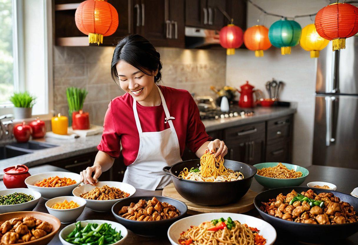 A vibrant kitchen scene featuring an inviting dining table set with colorful plates of homemade Panda Express dishes, like Orange Chicken and Chow Mein, surrounded by fresh ingredients like chili peppers and green onions. A chef with an enthusiastic expression cooks in the background, with Chinese lanterns hanging above and a takeout box open on the counter. The image conveys a warm, homely atmosphere that encourages cooking and family gatherings. super-realistic. vibrant colors. cozy ambiance.