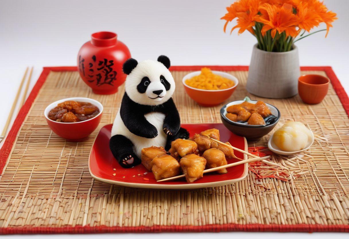 A vibrant spread of various Chinese dishes inspired by Panda Express, featuring colorful orange chicken, crispy egg rolls, and sweet and sour sauce, surrounded by chopsticks and a bamboo mat. Include a cheerful panda mascot enjoying the feast in the background, with a decorative red lantern hanging overhead. The scene should evoke warmth and excitement for dining and cooking. super-realistic, vibrant colors, white background.